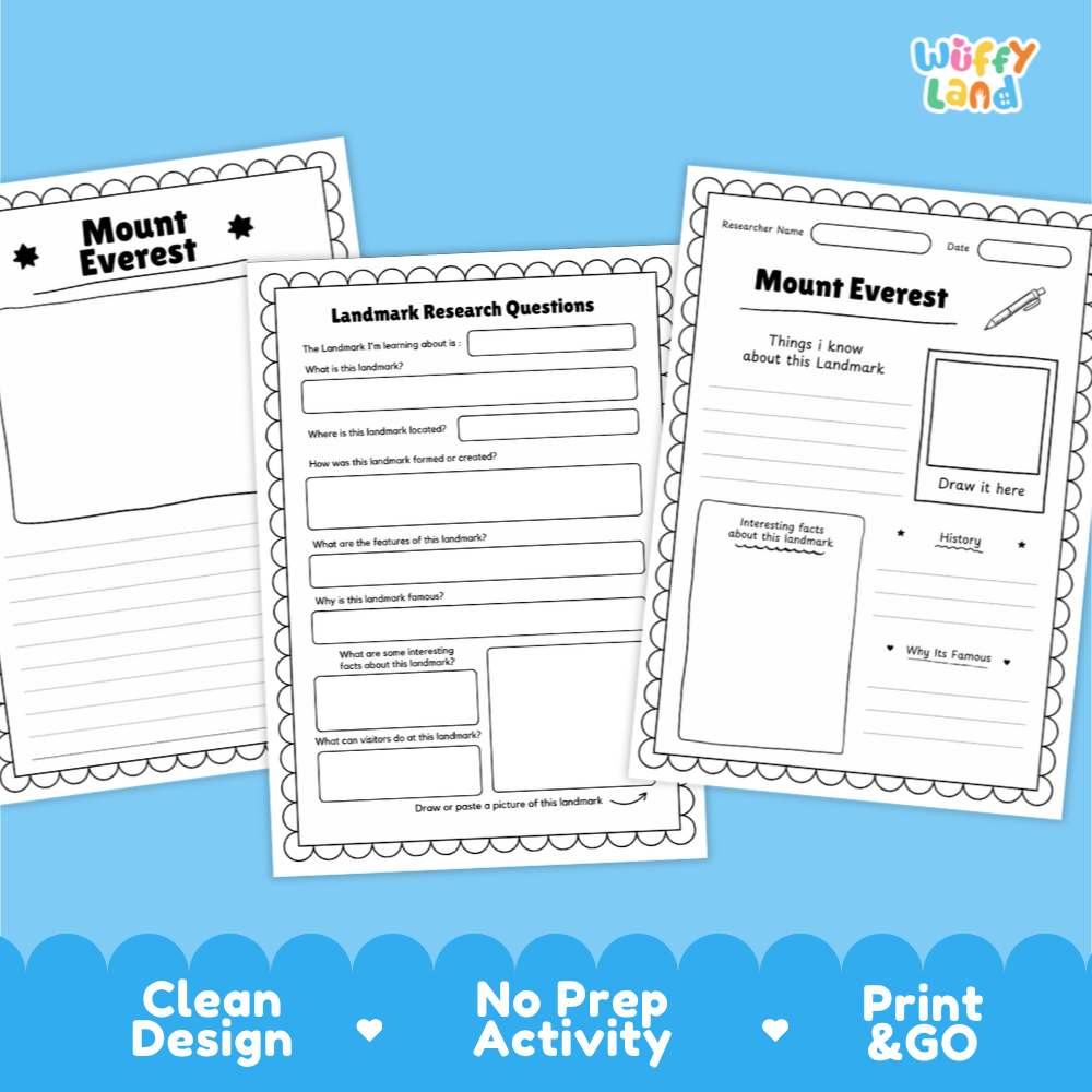 Three printable worksheet pages about Mount Everest are shown on a bright blue background with marketing text at the bottom. The sheets include writing prompts, a drawing box, and labeled sections for research questions and facts.