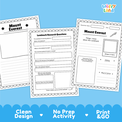 Three printable worksheet pages about Mount Everest are shown on a bright blue background with marketing text at the bottom. The sheets include writing prompts, a drawing box, and labeled sections for research questions and facts.