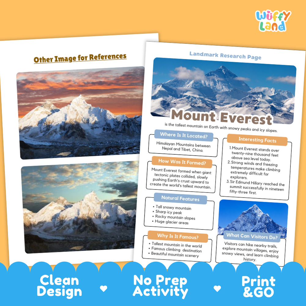 An educational worksheet cover for a 'Landmark Research Page' about Mount Everest, featuring a scenic landscape photo of the mountain, text sections, and a blue banner at the bottom that reads 'Clean Design', 'No Prep Activity', and 'Print & GO'.