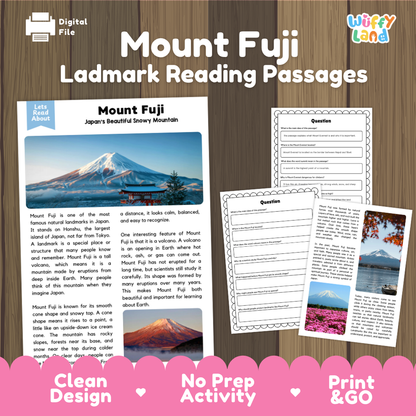 Mount Fuji Landmark Reading Passage and Comprehension Questions Worksheets