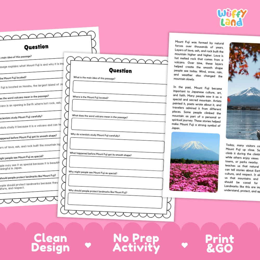 Mount Fuji Landmark Reading Passage and Comprehension Questions Worksheets