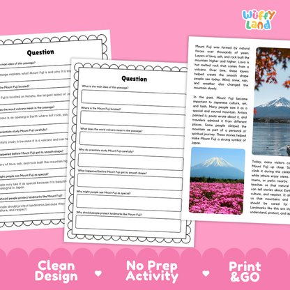 Mount Fuji Landmark Reading Passage and Comprehension Questions Worksheets
