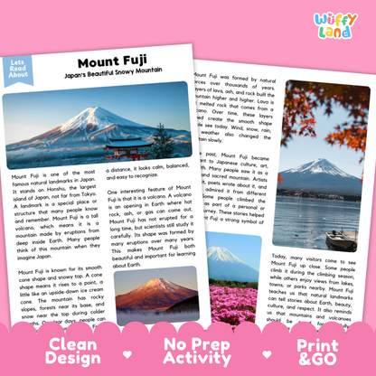 Mount Fuji Landmark Reading Passage and Comprehension Questions Worksheets