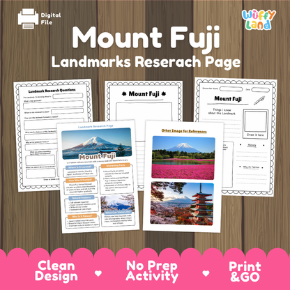 Printable Mount Fuji landmarks research page activity sheet set by Wiffy Land, shown as digital files on a wood-grain background with a pink banner at the bottom.