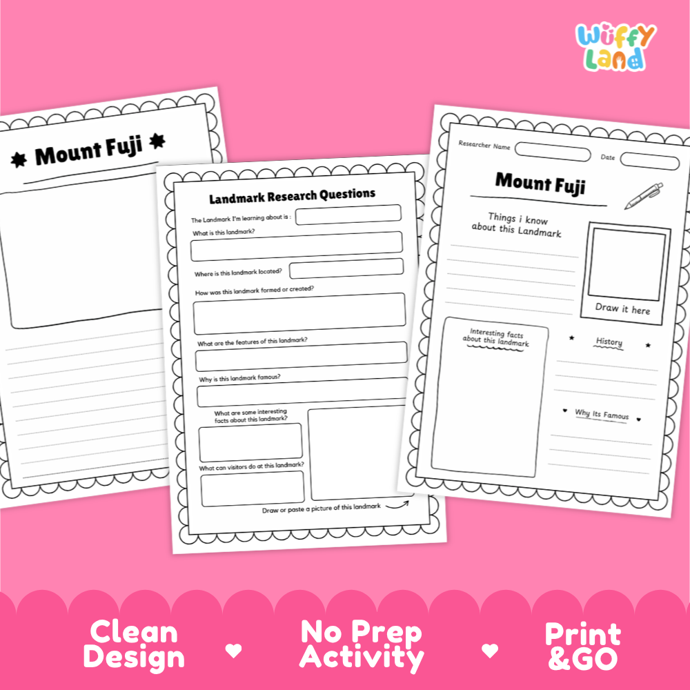 Three printable worksheet pages for Mount Fuji displayed on a bright pink background with a pink wave pattern at the bottom. The worksheets include fields for research questions, notes, a drawing box, and writing prompts.