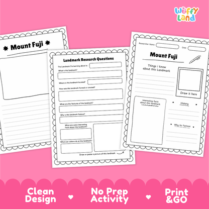 Three printable worksheet pages for Mount Fuji displayed on a bright pink background with a pink wave pattern at the bottom. The worksheets include fields for research questions, notes, a drawing box, and writing prompts.
