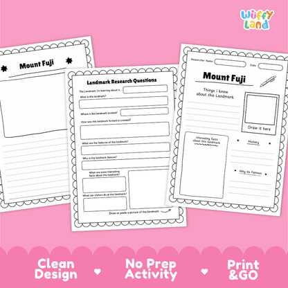 Three printable worksheet pages about Mount Fuji are shown on a pink background with marketing text at the bottom. The sheets include labeled sections such as 'Mount Fuji,' 'Landmark Research Questions,' and writing areas plus a small 'Wiffy Land' logo in the top right.