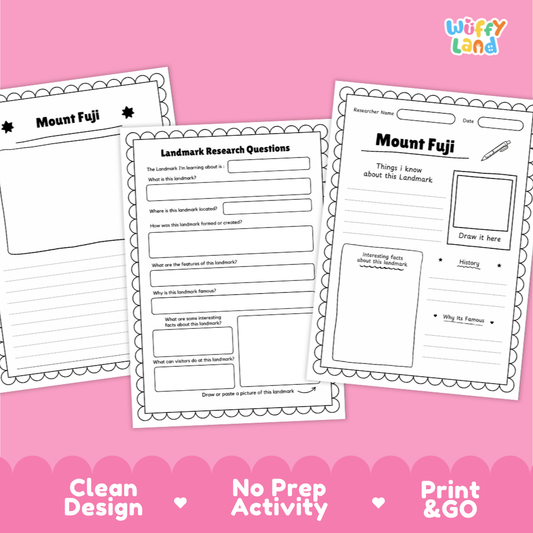 Three printable worksheet pages about Mount Fuji are shown on a pink background with marketing text at the bottom. The sheets include labeled sections such as 'Mount Fuji,' 'Landmark Research Questions,' and writing areas plus a small 'Wiffy Land' logo in the top right.