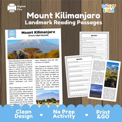 Digital reading activity bundle for Mount Kilimanjaro, featuring two reading passages, a word bank, a glossary, and a question sheet on a wood-grain background with promotional banners at the bottom.