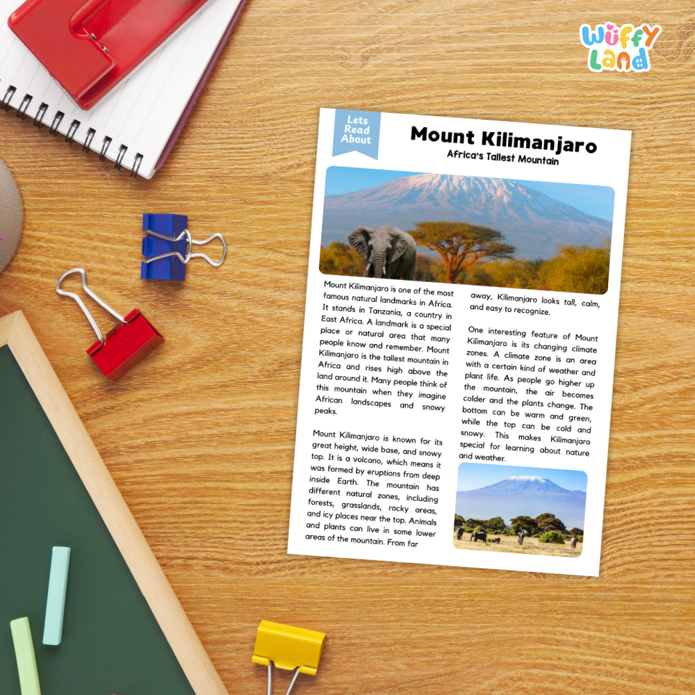 An educational worksheet titled 'Mount Kilimanjaro - Africa's tallest mountain' displayed on a wooden desk, surrounded by school supplies including a red spiral notebook, binder clips, and a green folder.