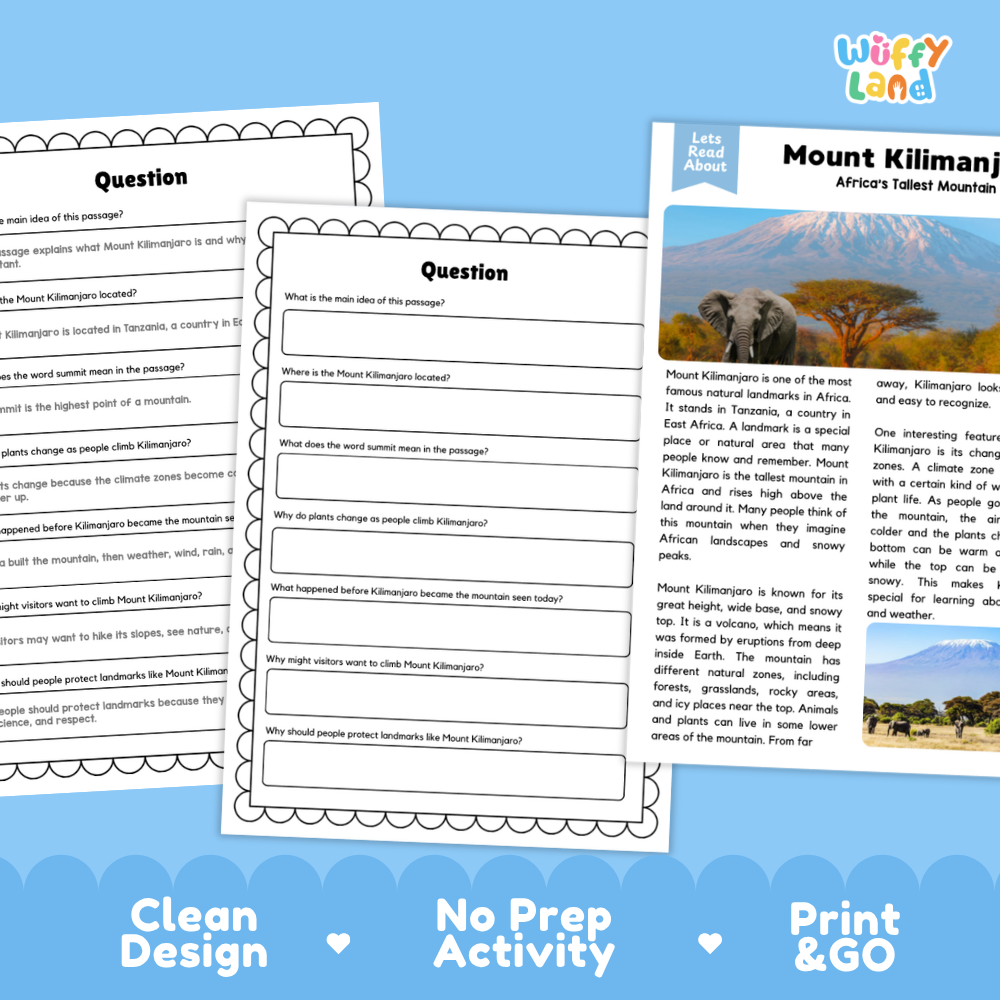 Three printable worksheet pages for a Mount Kilimanjaro Africa Tallest Mountain reading activity, shown on a light blue background with the brand name 'Wiffly' in the top right. The pages include a question header, short answer lines, and a text section with comprehension questions.