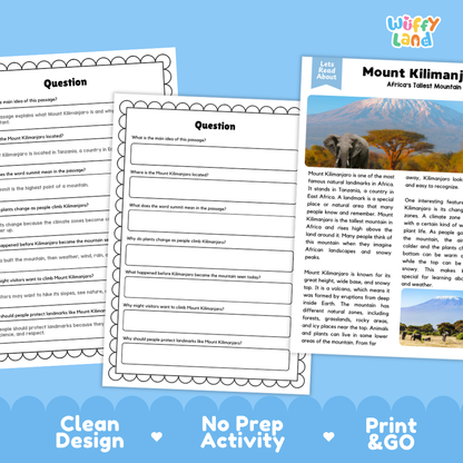 Three printable worksheet pages for a Mount Kilimanjaro Africa Tallest Mountain reading activity, shown on a light blue background with the brand name 'Wiffly' in the top right. The pages include a question header, short answer lines, and a text section with comprehension questions.