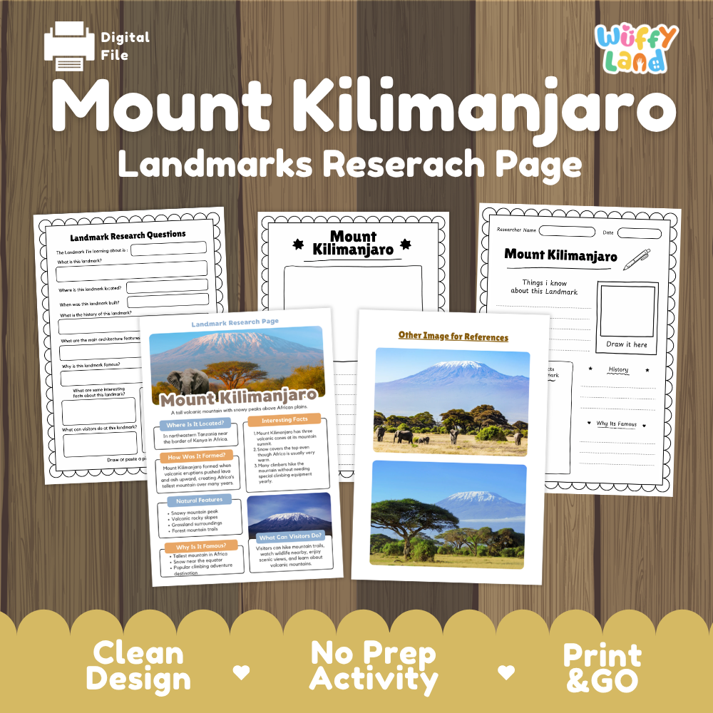 Digital download activity sheet titled 'Mount Kilimanjaro Landmarks Research Page' shown on a wood-grain background with three sample worksheet pages and a 'Witty Land' logo. The design includes labeled sections for research questions, map, landmarks, and reference images, with a yellow banner at the bottom reading 'Clean Design', 'No Prep Activity', and 'Print & GO'.