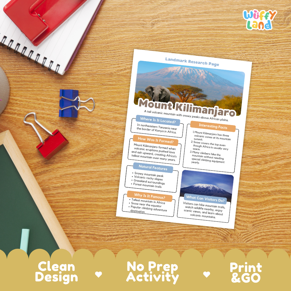 A printed Mount Kilimanjaro landmark research page laid on a wooden desk, surrounded by school supplies including a spiral notebook, red and blue binder clips, and a chalkboard. The page has colorful text boxes and a mountain photo at the top.