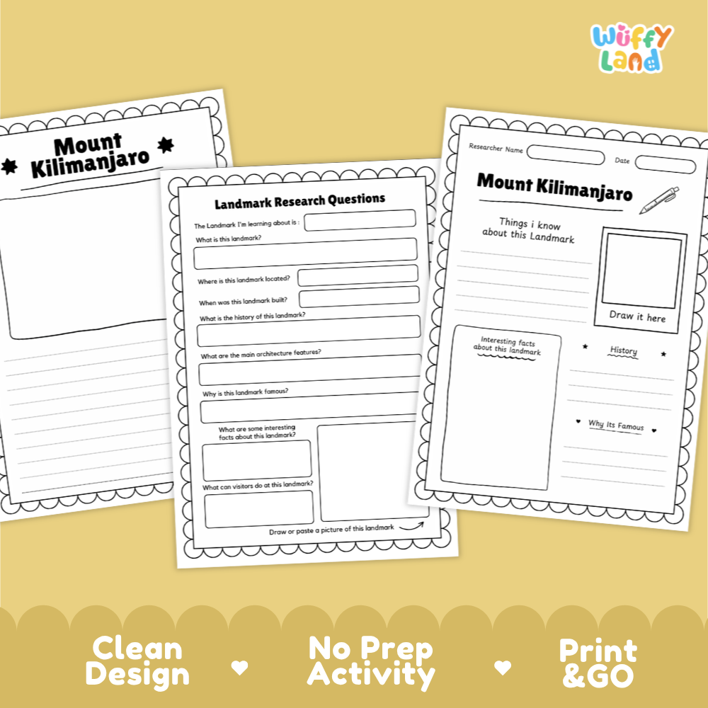Three printable worksheet pages about Mount Kilimanjaro arranged on a warm yellow background with decorative text at the bottom. The sheets include headings like 'Mount Kilimanjaro' and 'Landmark Research Questions' with writing areas and a drawing box.