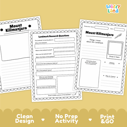 Three printable worksheet pages about Mount Kilimanjaro arranged on a warm yellow background with decorative text at the bottom. The sheets include headings like 'Mount Kilimanjaro' and 'Landmark Research Questions' with writing areas and a drawing box.