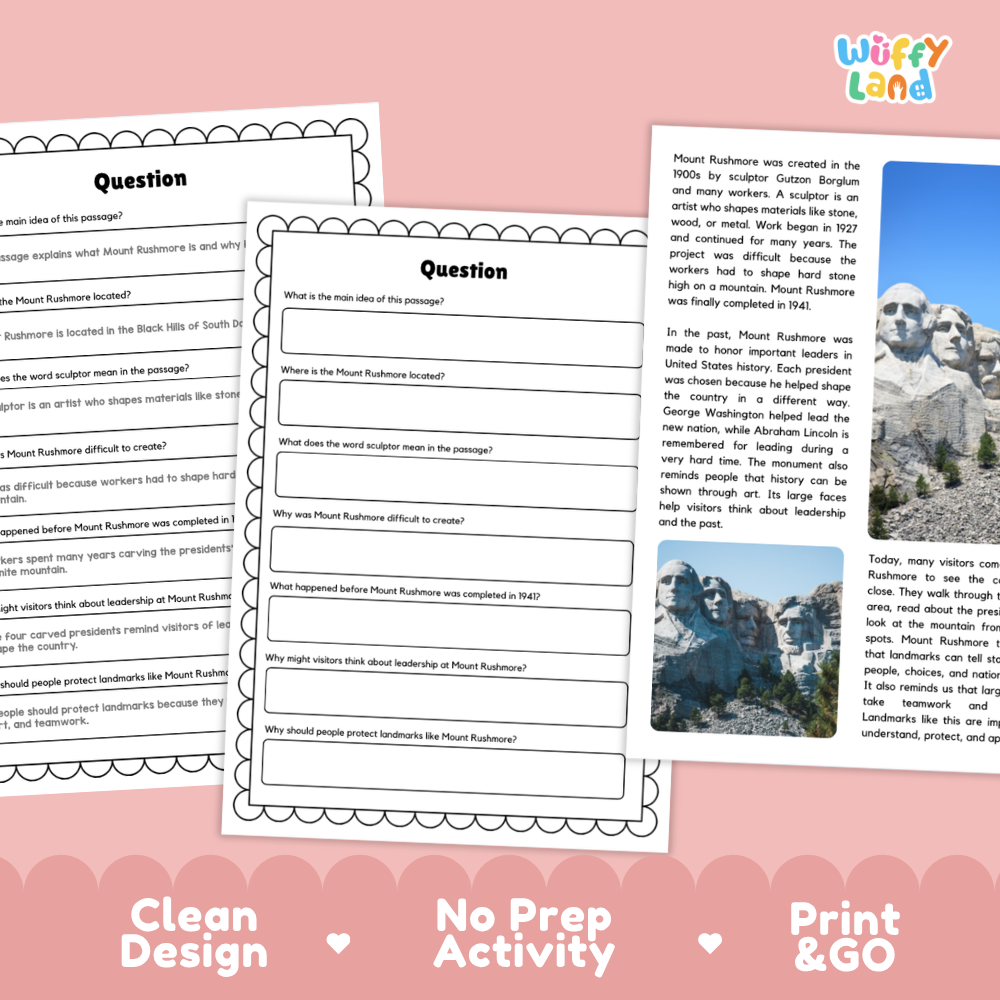 Mount Rushmore Landmark Reading Passage and Comprehension Questions