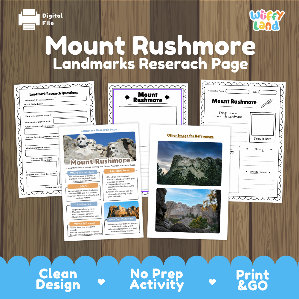 Digital preview of a Mount Rushmore landmarks research page activity sheet set on a wood-grain background, with the title 'Mount Rushmore Landmarks Researach Page' and a 'Wiffy Land' logo. The preview shows several printable pages including research questions, a main research page with mountain photos, and other image reference pages.
