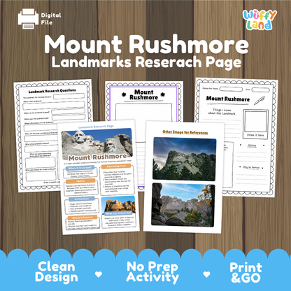 Digital preview of a Mount Rushmore landmarks research page activity sheet set on a wood-grain background, with the title 'Mount Rushmore Landmarks Researach Page' and a 'Wiffy Land' logo. The preview shows several printable pages including research questions, a main research page with mountain photos, and other image reference pages.