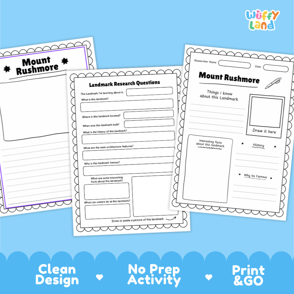 Three printable worksheet pages for Mount Rushmore displayed on a light blue background with decorative text at the bottom. The sheets include activity questions, a drawing box, and writing prompts.