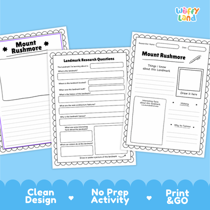 Three printable worksheet pages for Mount Rushmore displayed on a light blue background with decorative text at the bottom. The sheets include activity questions, a drawing box, and writing prompts.
