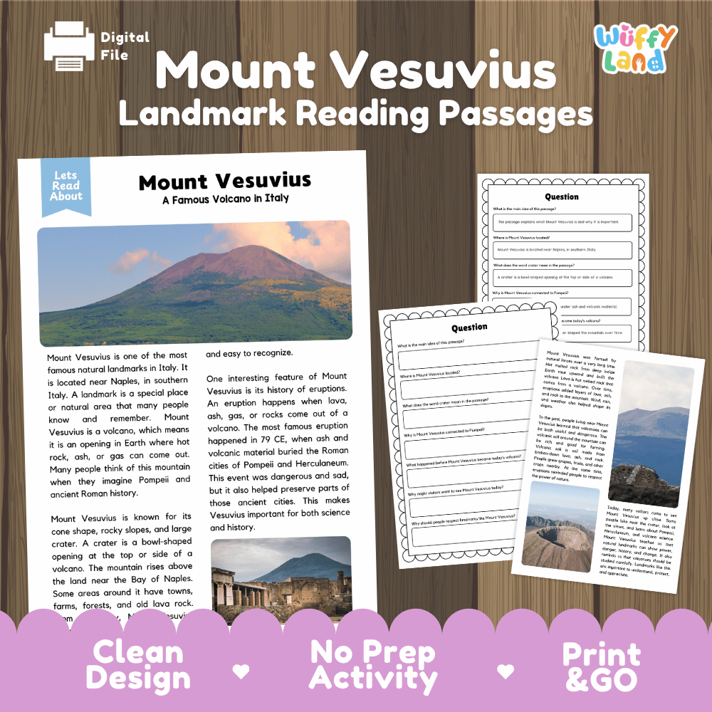 Mount Vesuvius Landmark Reading Passages and Comprehension Worksheets