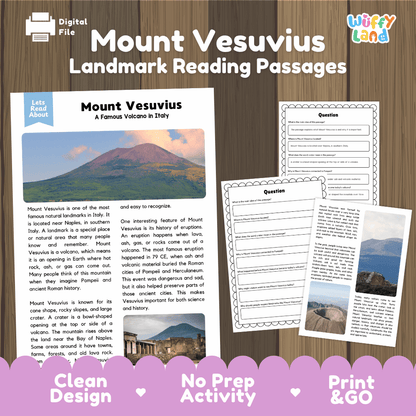 Mount Vesuvius Landmark Reading Passages and Comprehension Worksheets