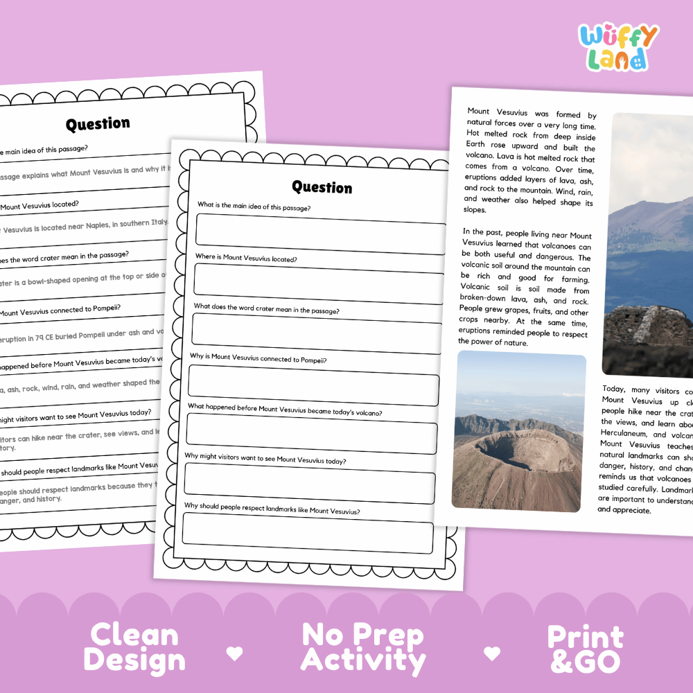Mount Vesuvius Landmark Reading Passages and Comprehension Worksheets