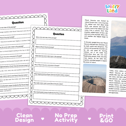 Mount Vesuvius Landmark Reading Passages and Comprehension Worksheets