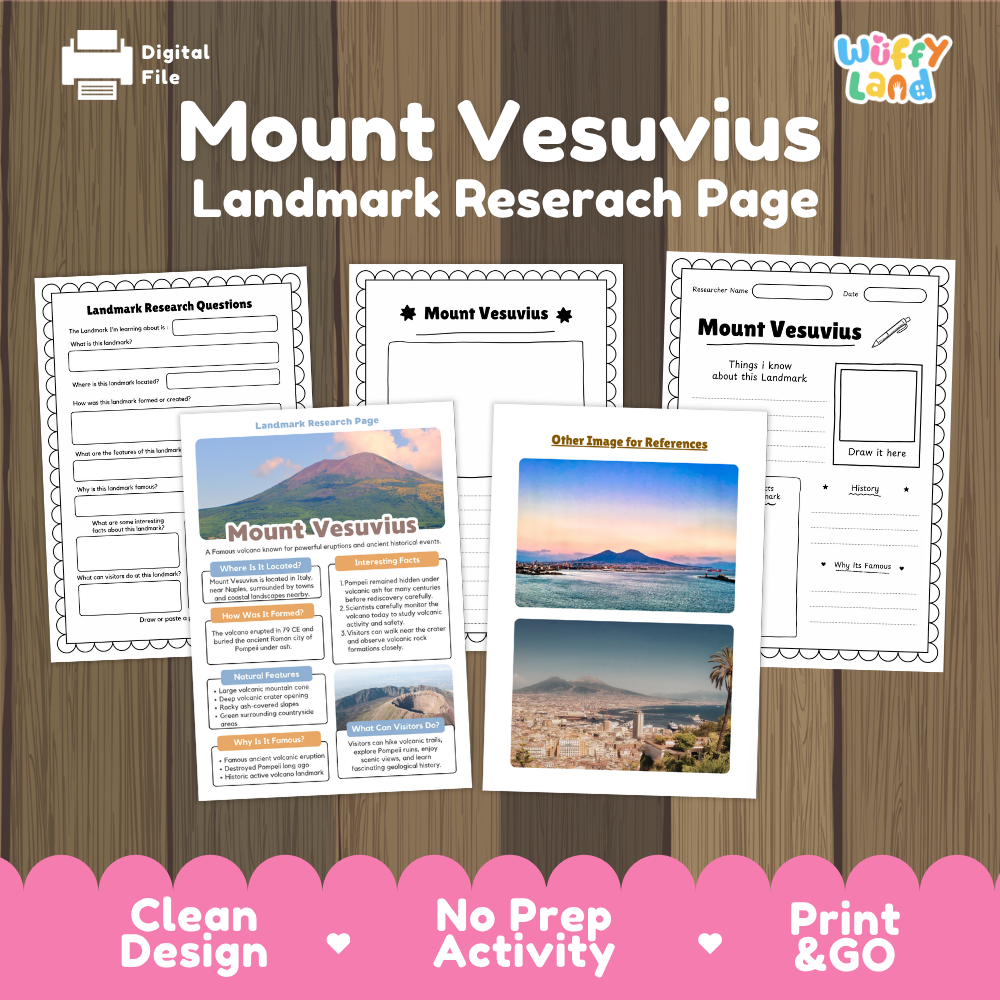 Digital preview of a Mount Vesuvius landmark research page activity set by Wiffy Land, featuring multiple printable worksheet pages arranged on a wood background with a pink banner at the bottom.