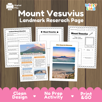 Digital preview of a Mount Vesuvius landmark research page activity set by Wiffy Land, featuring multiple printable worksheet pages arranged on a wood background with a pink banner at the bottom.