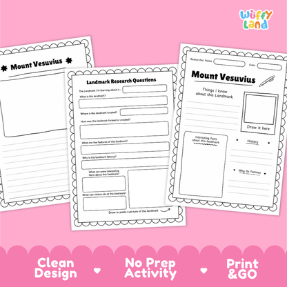Three printable worksheet pages for Mount Vesuvius displayed on a pink background with promotional text at the bottom. The sheets include labeled sections such as 'Mount Vesuvius,' 'Landmark Research Questions,' and 'Things I know about the landmark,' plus a small 'Wiffy Land' logo in the top right.