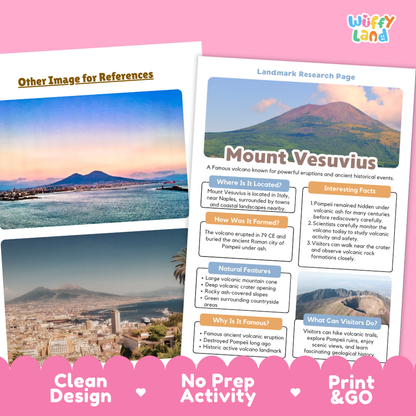 A promotional graphic for a geography activity booklet by Wiffy Land, showing two pages side-by-side. The left page has a placeholder image labeled 'Other Image for References,' while the right page displays a colorful layout about Mount Vesuvius.