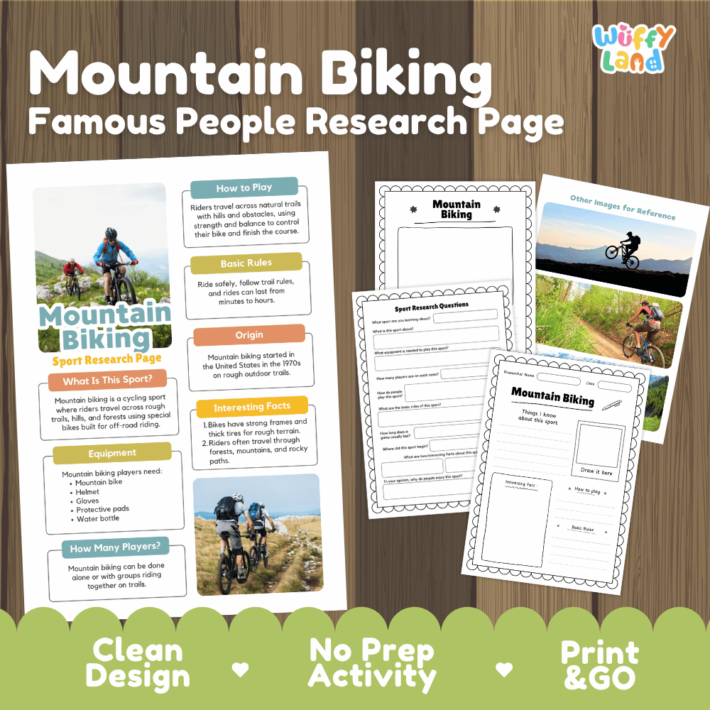 Mountain Biking Sport Research Project Worksheets and Fact Sheet