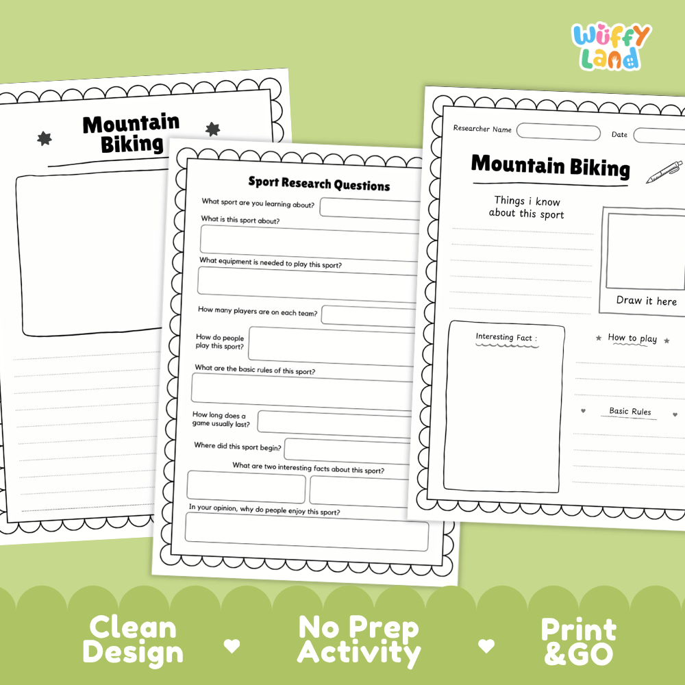 Mountain Biking Sport Research Project Worksheets and Fact Sheet