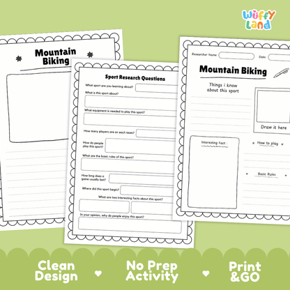 Mountain Biking Sport Research Project Worksheets and Fact Sheet