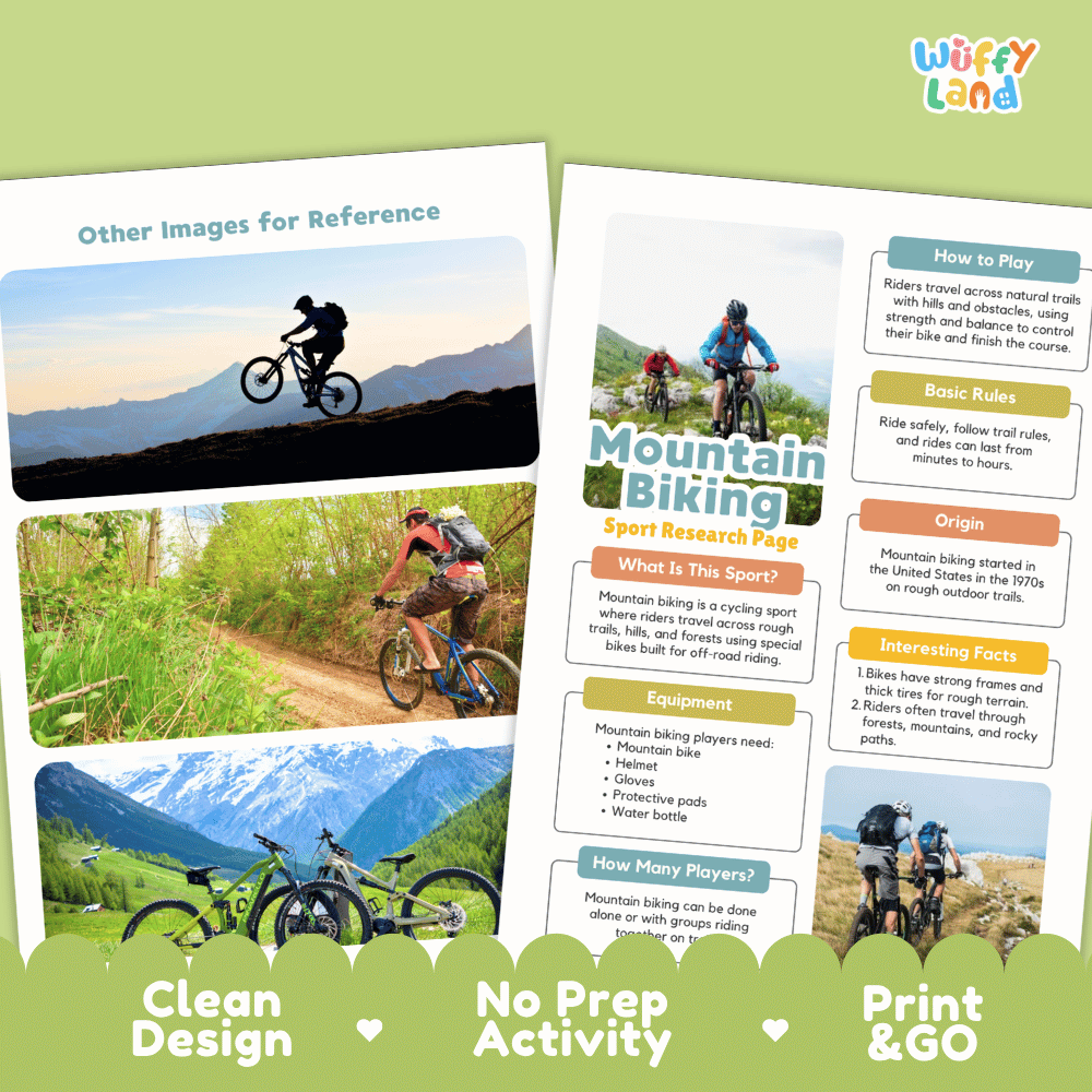 Mountain Biking Sport Research Project Worksheets and Fact Sheet