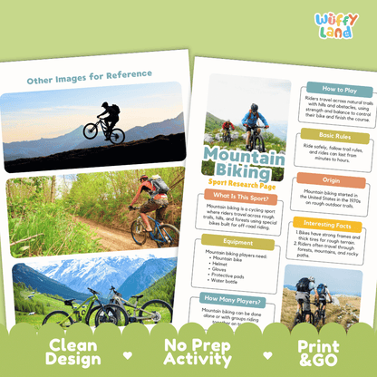 Mountain Biking Sport Research Project Worksheets and Fact Sheet