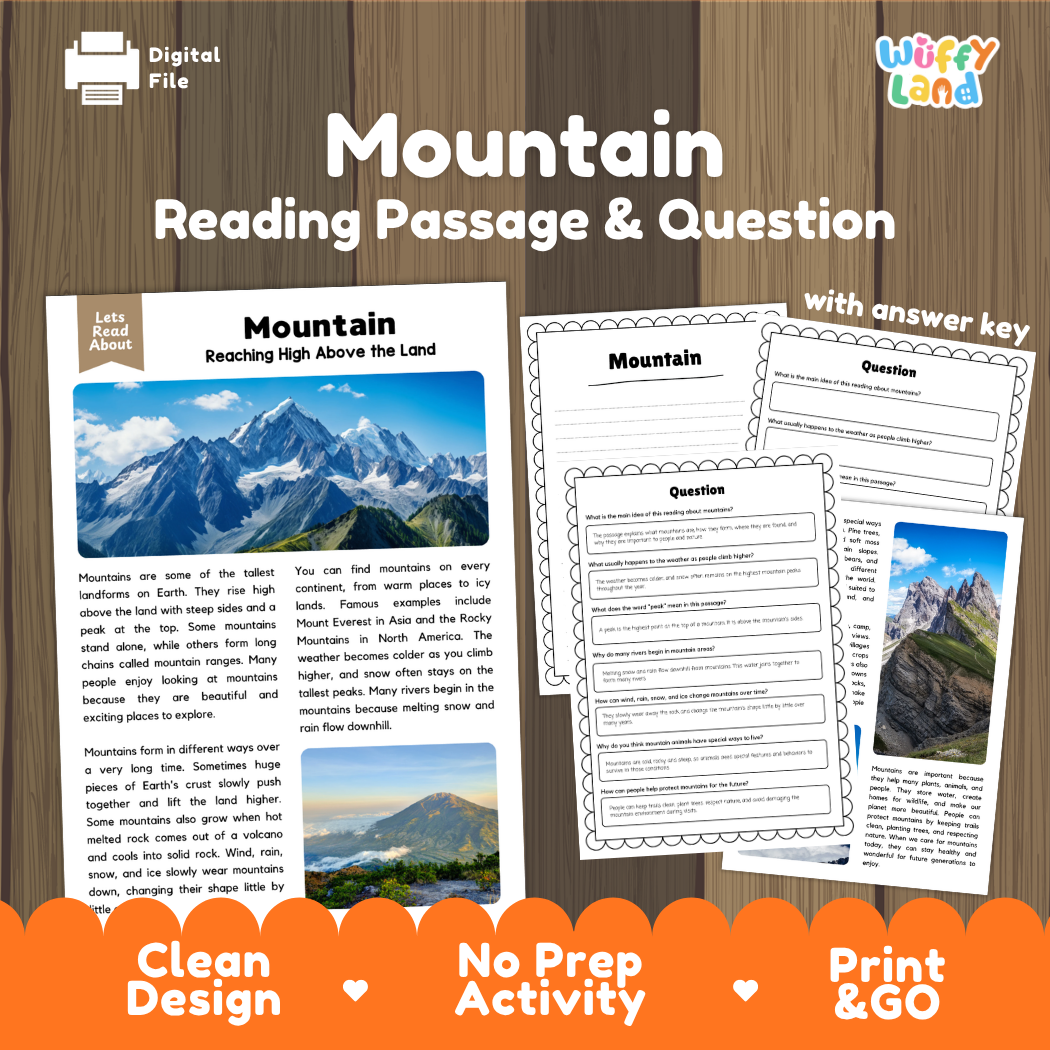 Mountain Reading Passage and Comprehension Questions Worksheets