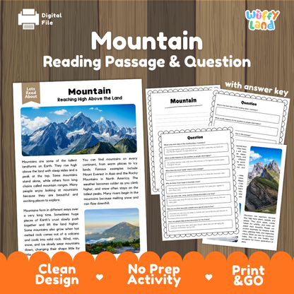 Mountain Reading Passage and Comprehension Questions Worksheets