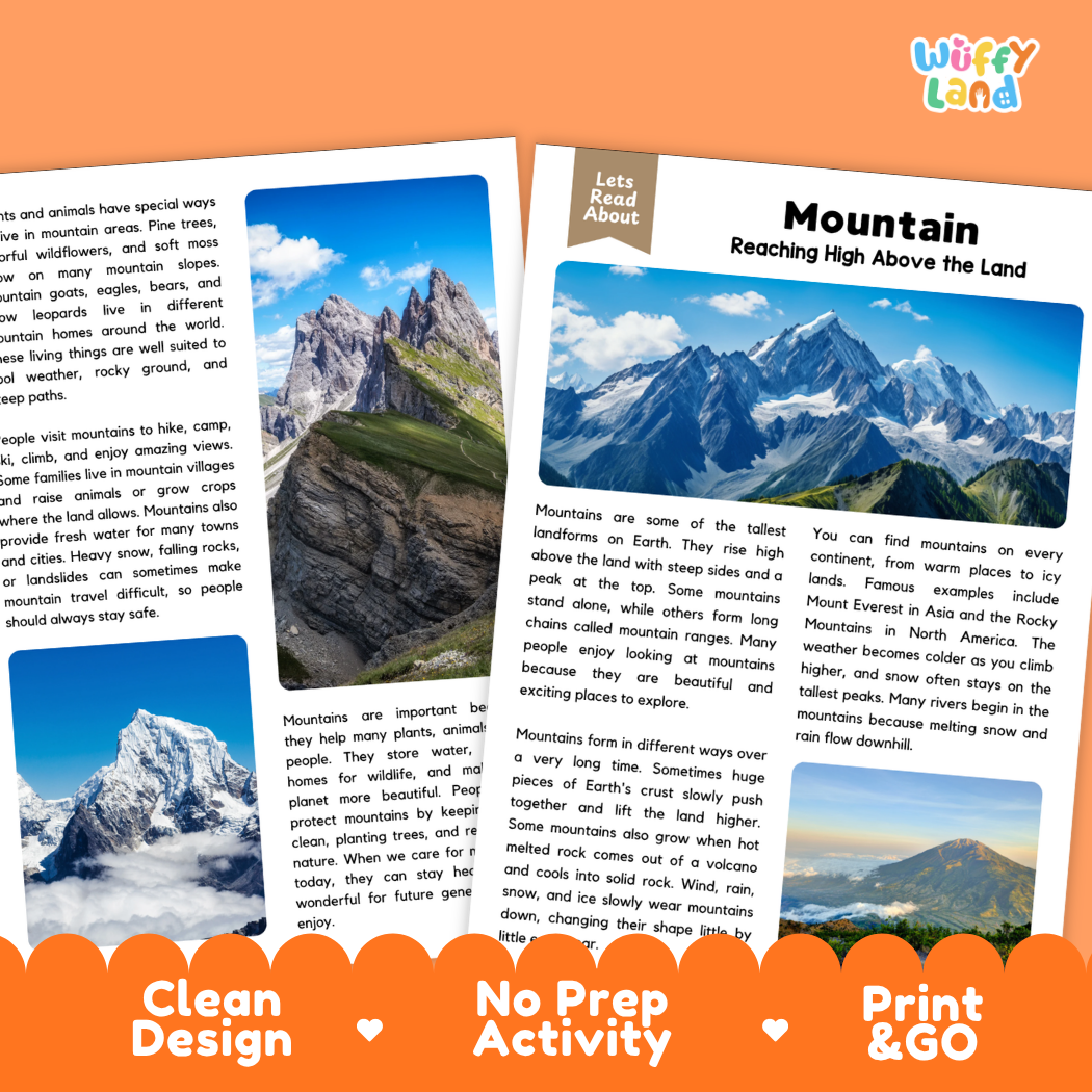 Mountain Reading Passage and Comprehension Questions Worksheets