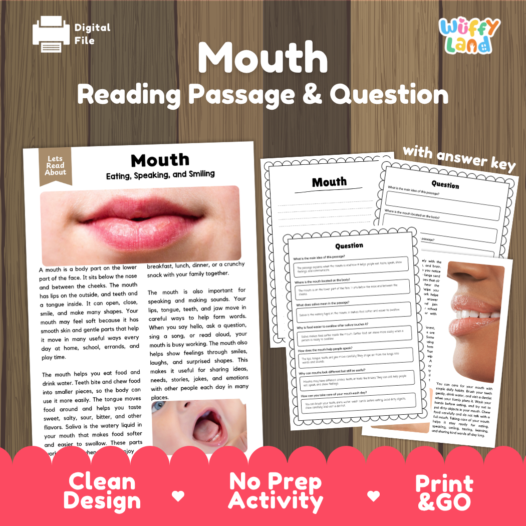 Mouth reading comprehension passage and questions printable activity pack with answer key for elementary students