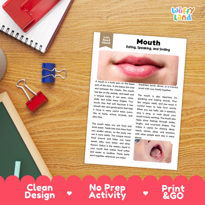 Student reading comprehension worksheet with short-answer questions and lined sections about the human mouth