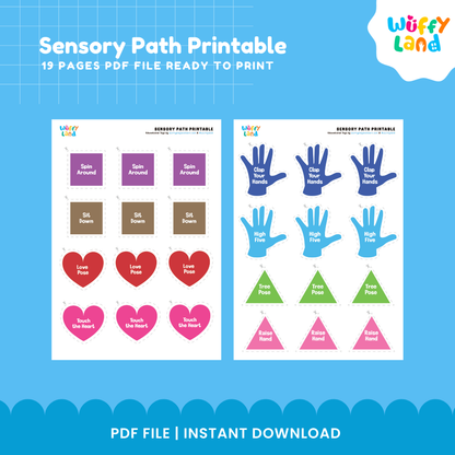 Printable movement path for preschool with colorful action cards including jump, clap, pose and side step activities