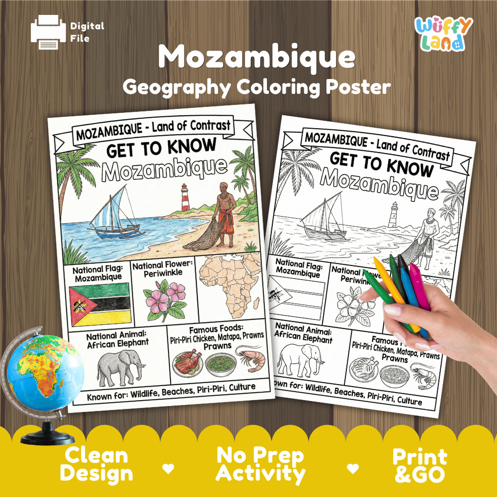 Mozambique Geography Coloring Poster and Fact Sheet Printable Worksheets