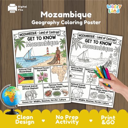 Mozambique Geography Coloring Poster and Fact Sheet Printable Worksheets