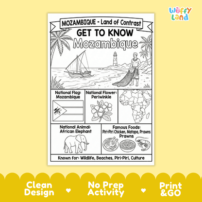Mozambique Geography Coloring Poster and Fact Sheet Printable Worksheets