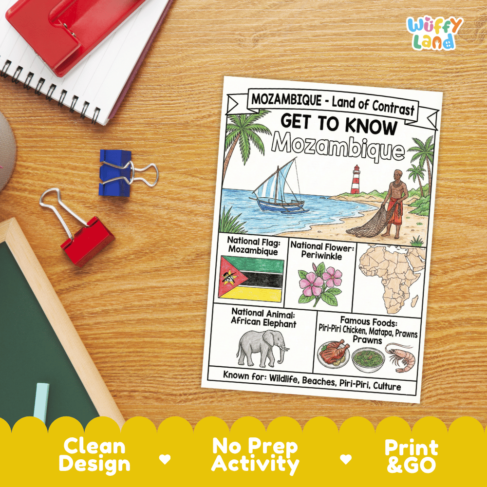 Mozambique Geography Coloring Poster and Fact Sheet Printable Worksheets