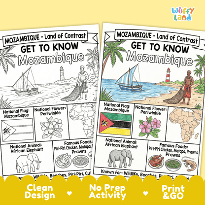 Mozambique Geography Coloring Poster and Fact Sheet Printable Worksheets