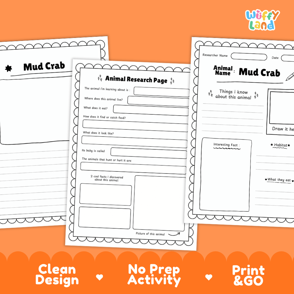 Mud Crab Animal Research Page Worksheets and Fact Sheet